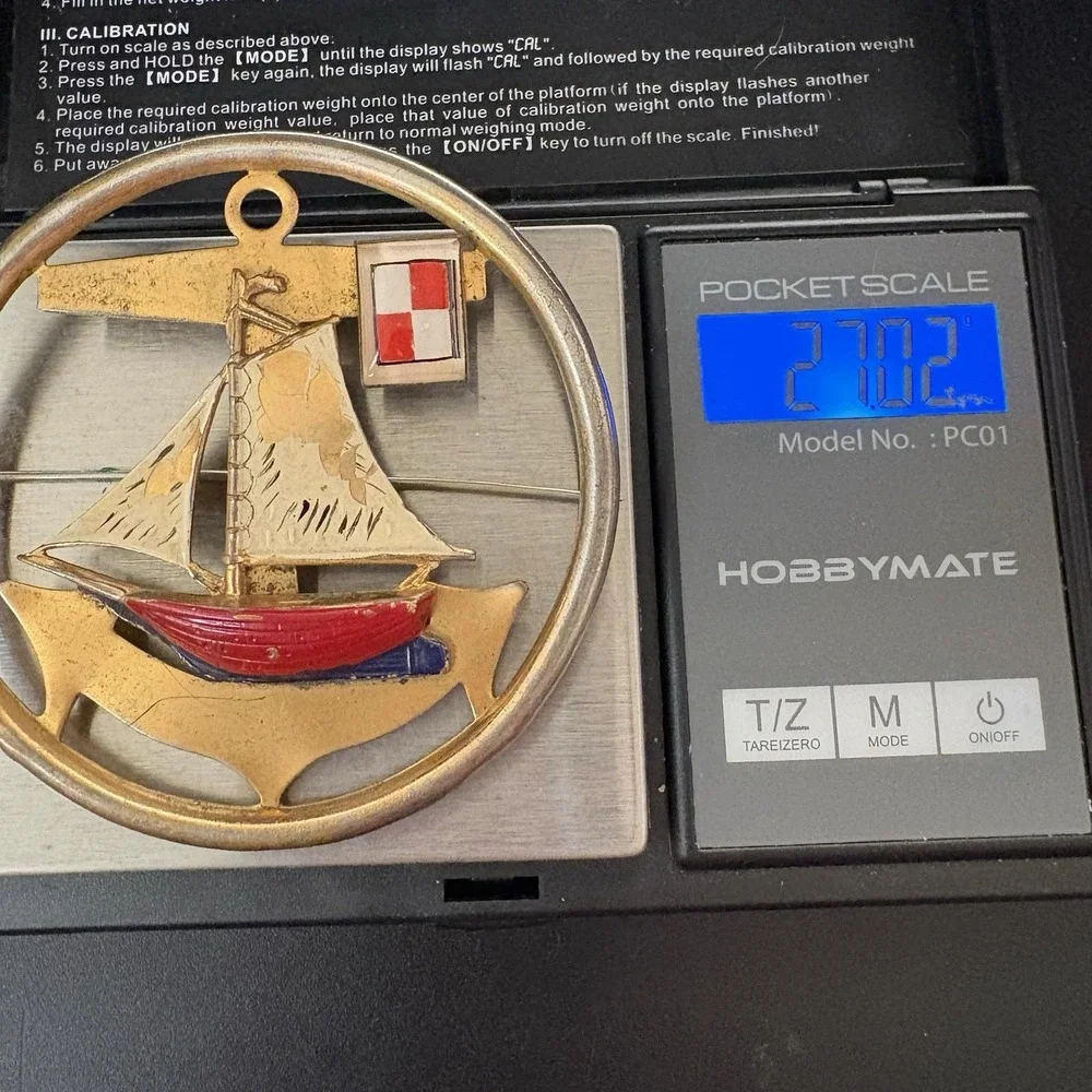 Vintage Sailboat Brooch Anchor Nautical Sail Enamel Ocean Seas Gold Tone READ